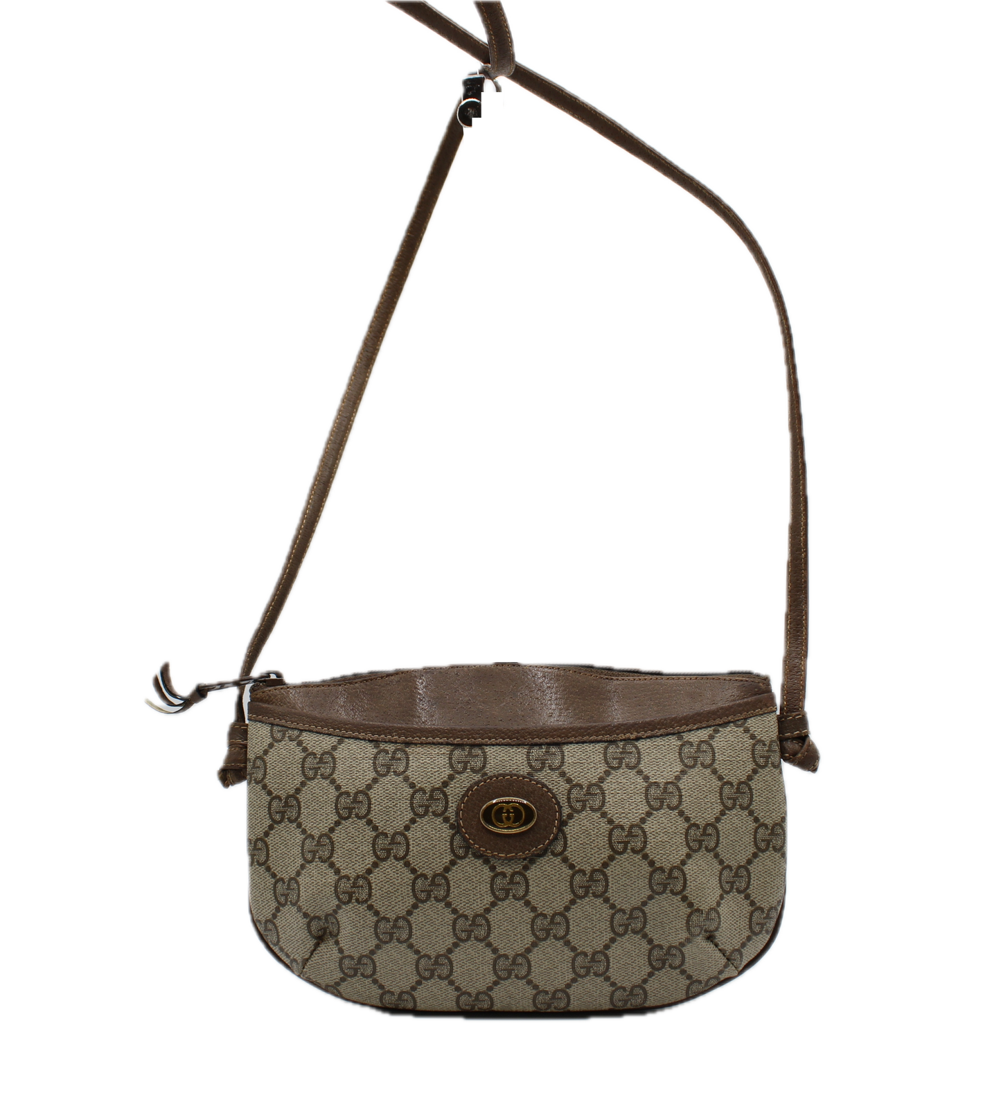 Gucci GG Supreme Monogram Canvas Leather Crossbody Pochette Bag Brown front view