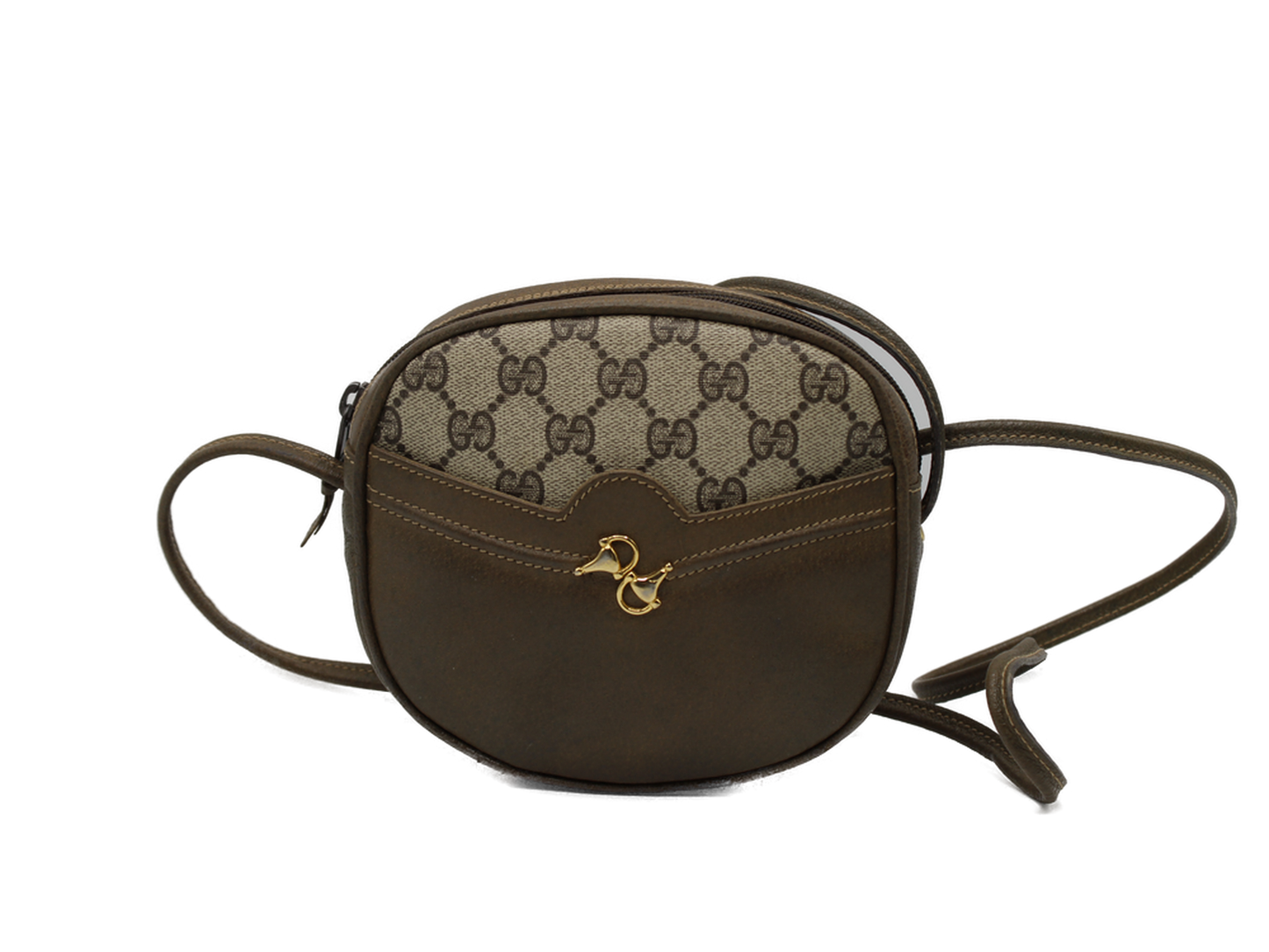 Gucci Horsebit 1955 Shoulder Bag Brown Leather GG Pattern Vintage front view