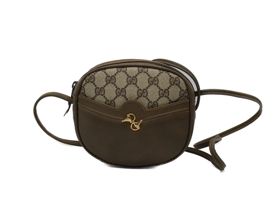 Gucci Horsebit 1955 Shoulder Bag Brown Leather GG Pattern Vintage front view
