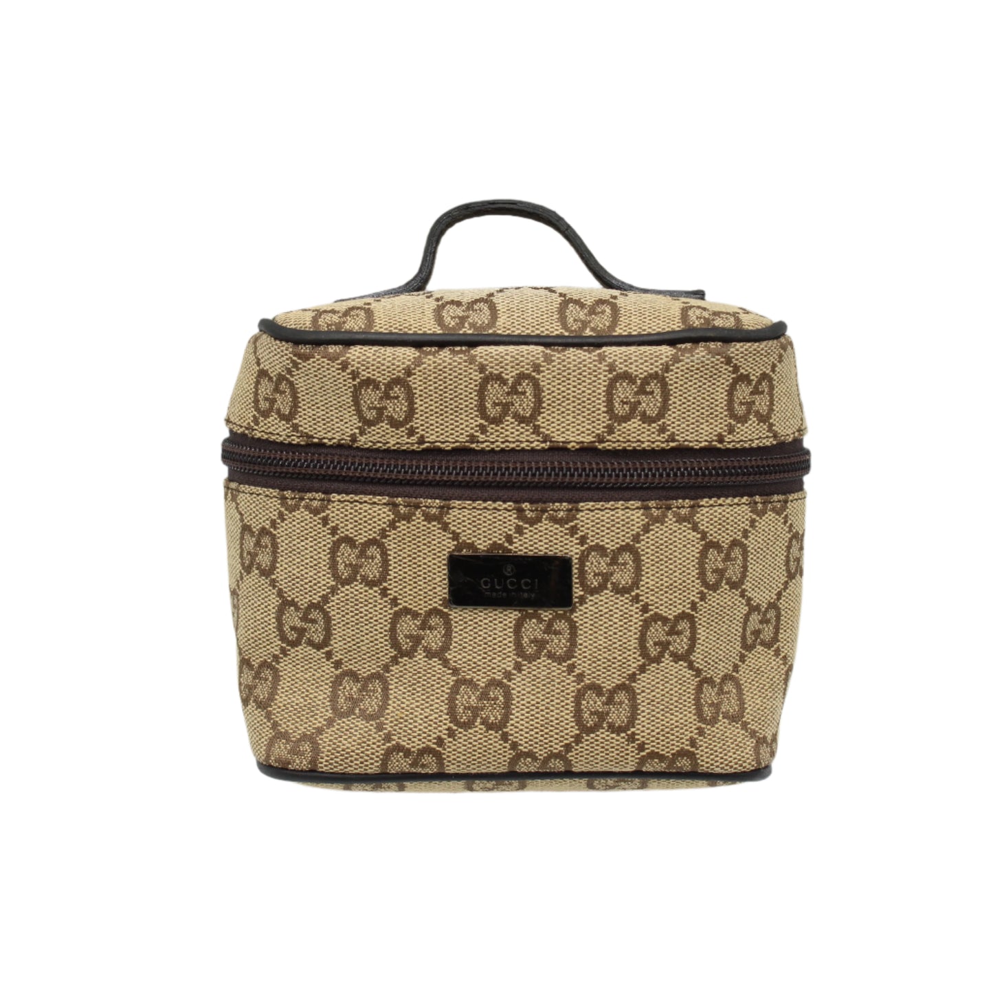 Gucci Beige Brown GG Canvas Leather Mini Vanity Hand Bag