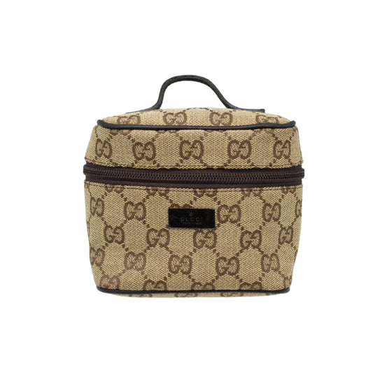 Gucci Beige Brown GG Canvas Leather Mini Vanity Hand Bag