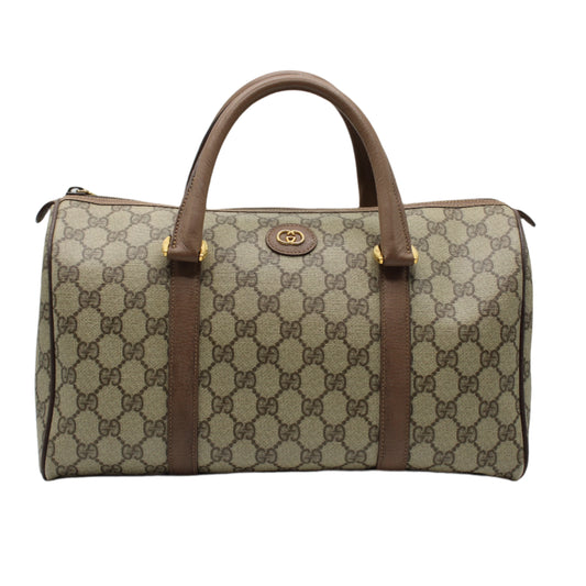 Gucci Beige GG Canvas Brown Leather Trim Boston Bag