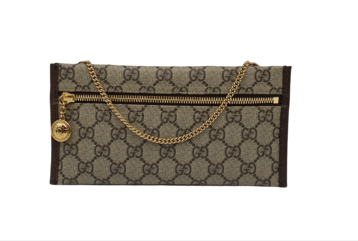 Gucci Beige GG Canvas Leather Trim Chain Clutch Bag