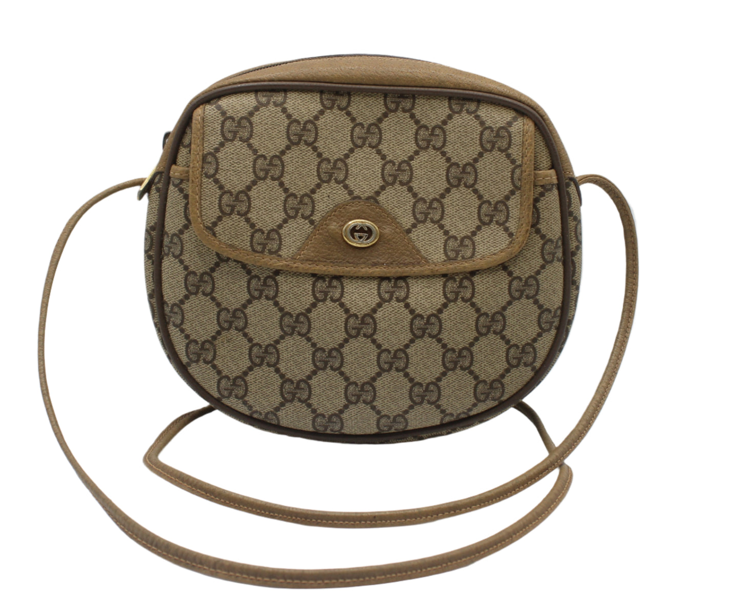 Gucci Beige GG Canvas Leather Trim Crossbody Bag Brown Gucci handbag with patterned design on a white background
