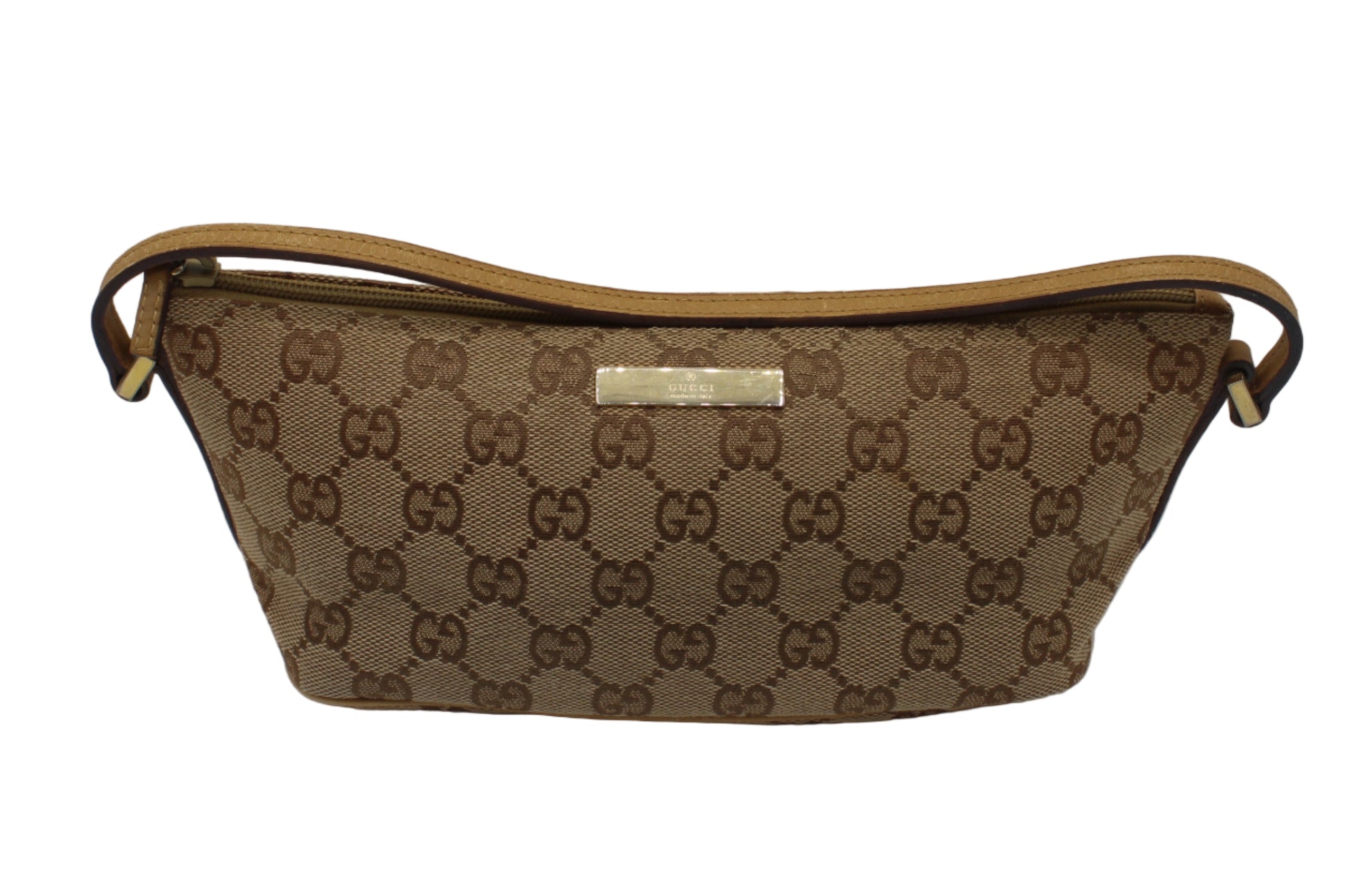 Gucci Beige GG Canvas Leather Trim Small Boat Handbag Brown handbag with a prominent pattern on a white background