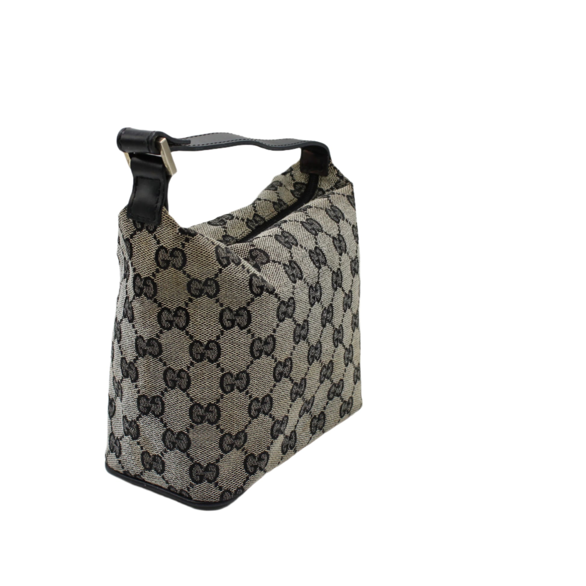 Gucci Beige GG Canvas Mini Bag Black Leather Strap Handbag side by stefany bags