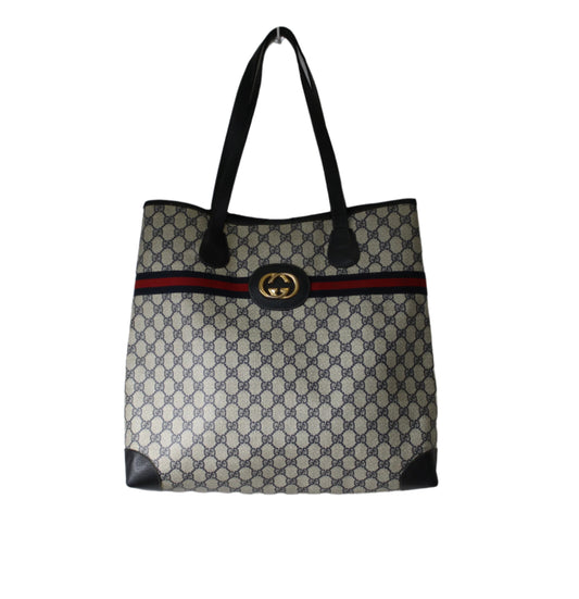 Gucci Beige GG Canvas Navy Leather Large Tote Bag