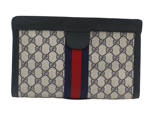 Gucci Beige GG Canvas Navy Leather Stripe Clutch Bag Designer wallet with patterned design and red and blue stripe on a white background