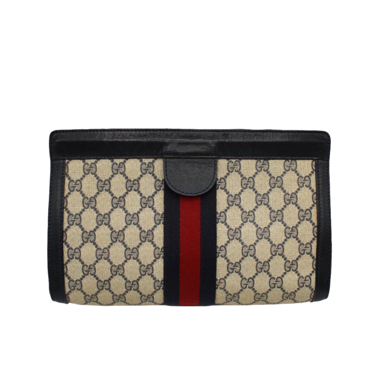 Gucci Beige GG Canvas and Navy Leather Web Stripe Vintage Clutch