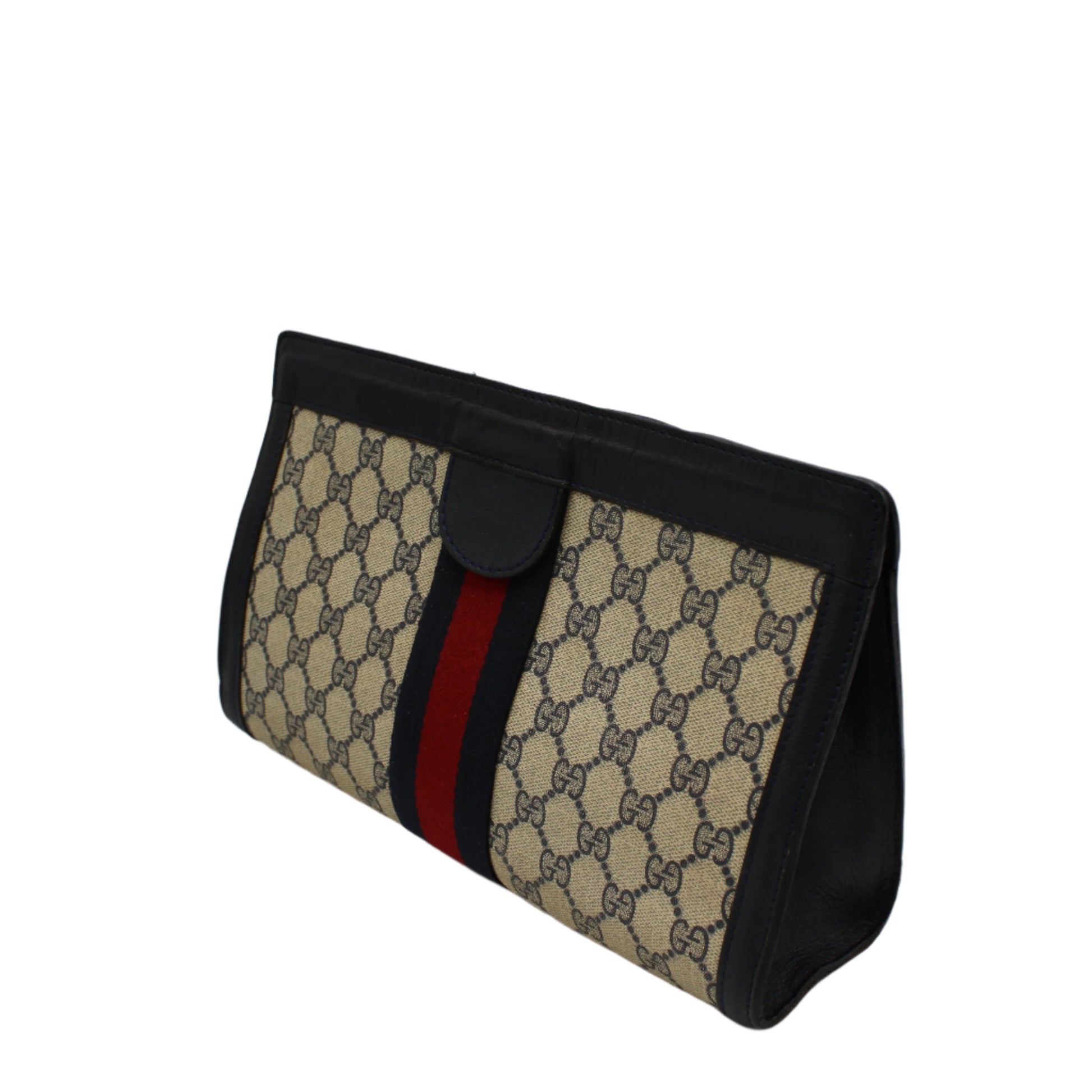 Gucci Beige GG Canvas and Navy Leather Web Stripe Vintage Clutch side