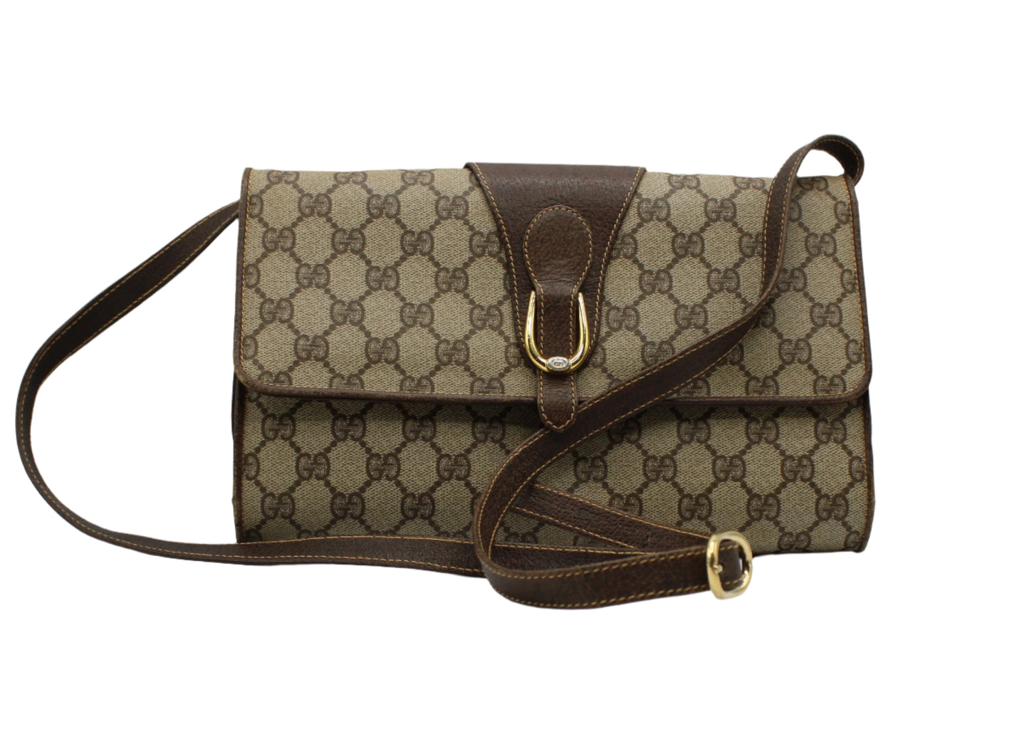 Gucci Beige GG Coated Canvas Brown Leather Flap Crossbody Bag
