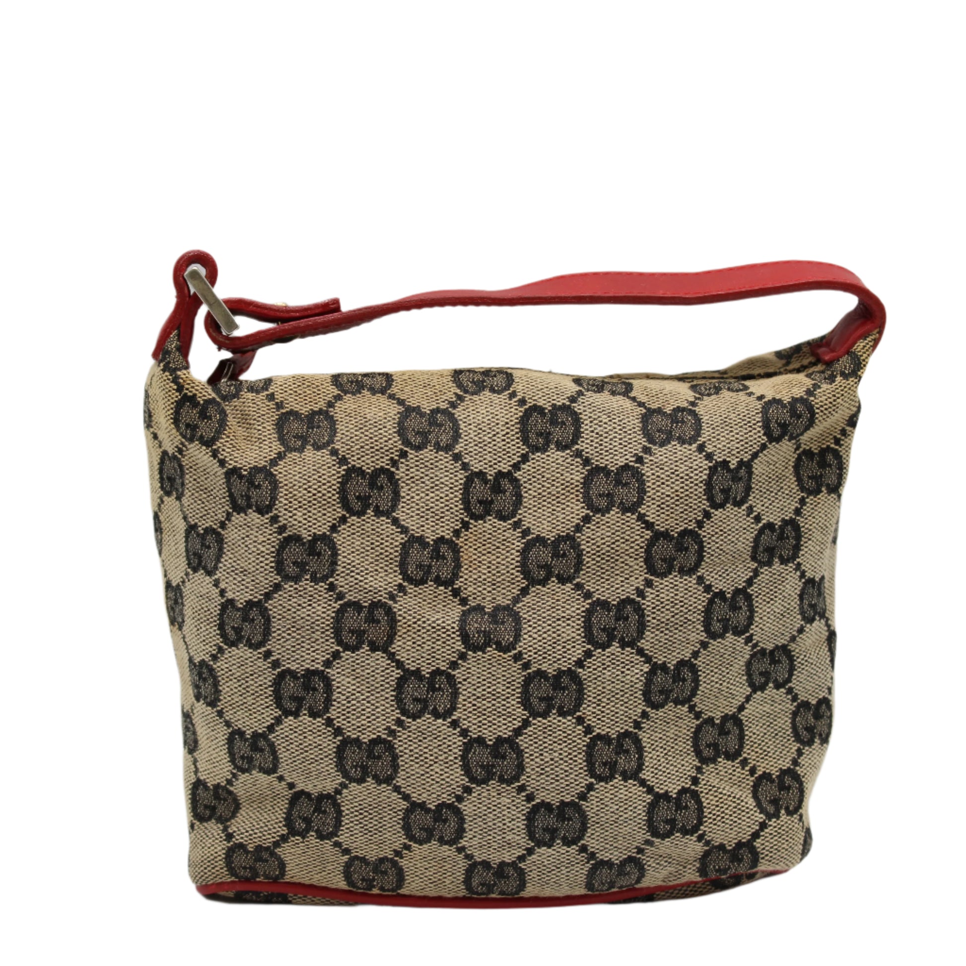 Gucci Beige GG Monogram Canvas Mini Pouch Red Leather Handle