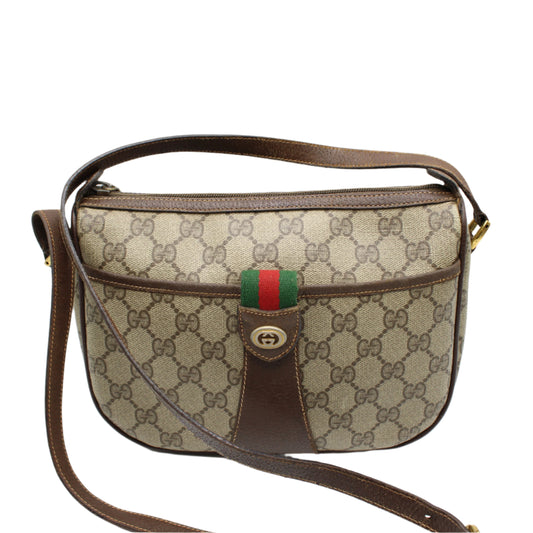 Gucci Beige and Brown GG Supreme Ophidia Crossbody Bag with Leather Trim