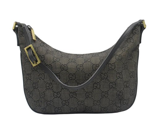 Gucci Black GG Canvas Denim Shoulder Bag with Leather Strap Black handbag with gold accents on a white background