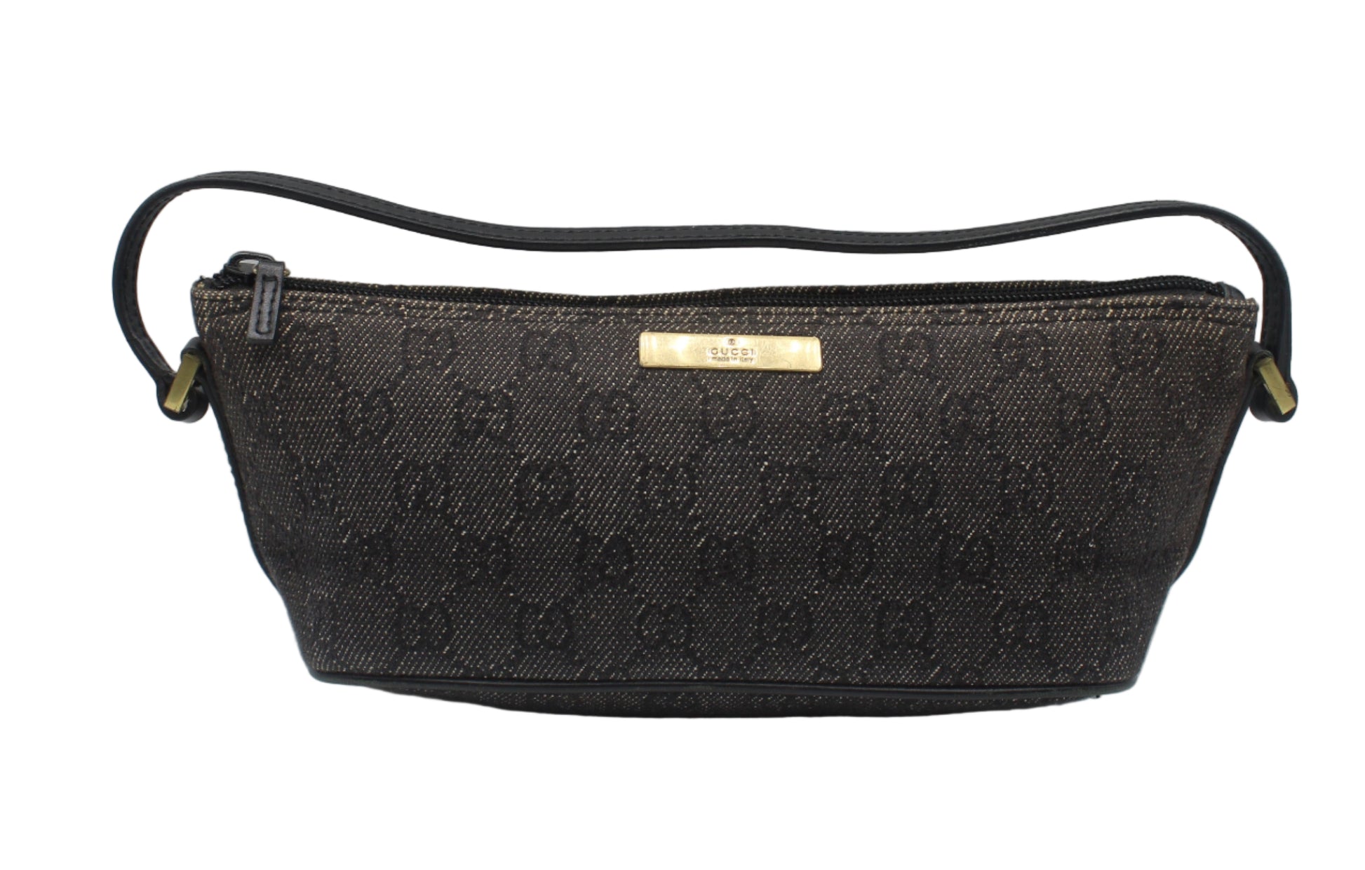 Gucci Black GG Denim Cloth Boat Style Shoulder Bag Black patterned handbag with a gold tag on a light gray background