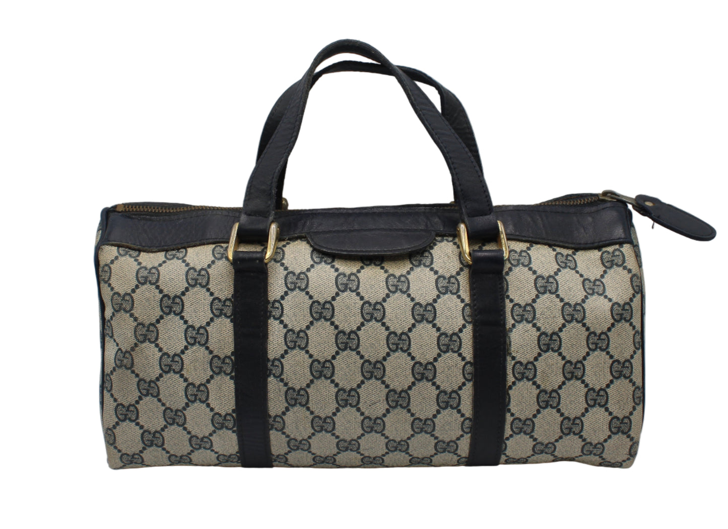 Gucci Blue GG Canvas And Navy Leather Mini Boston Bag Designer handbag with patterned fabric and black accents on a gray background