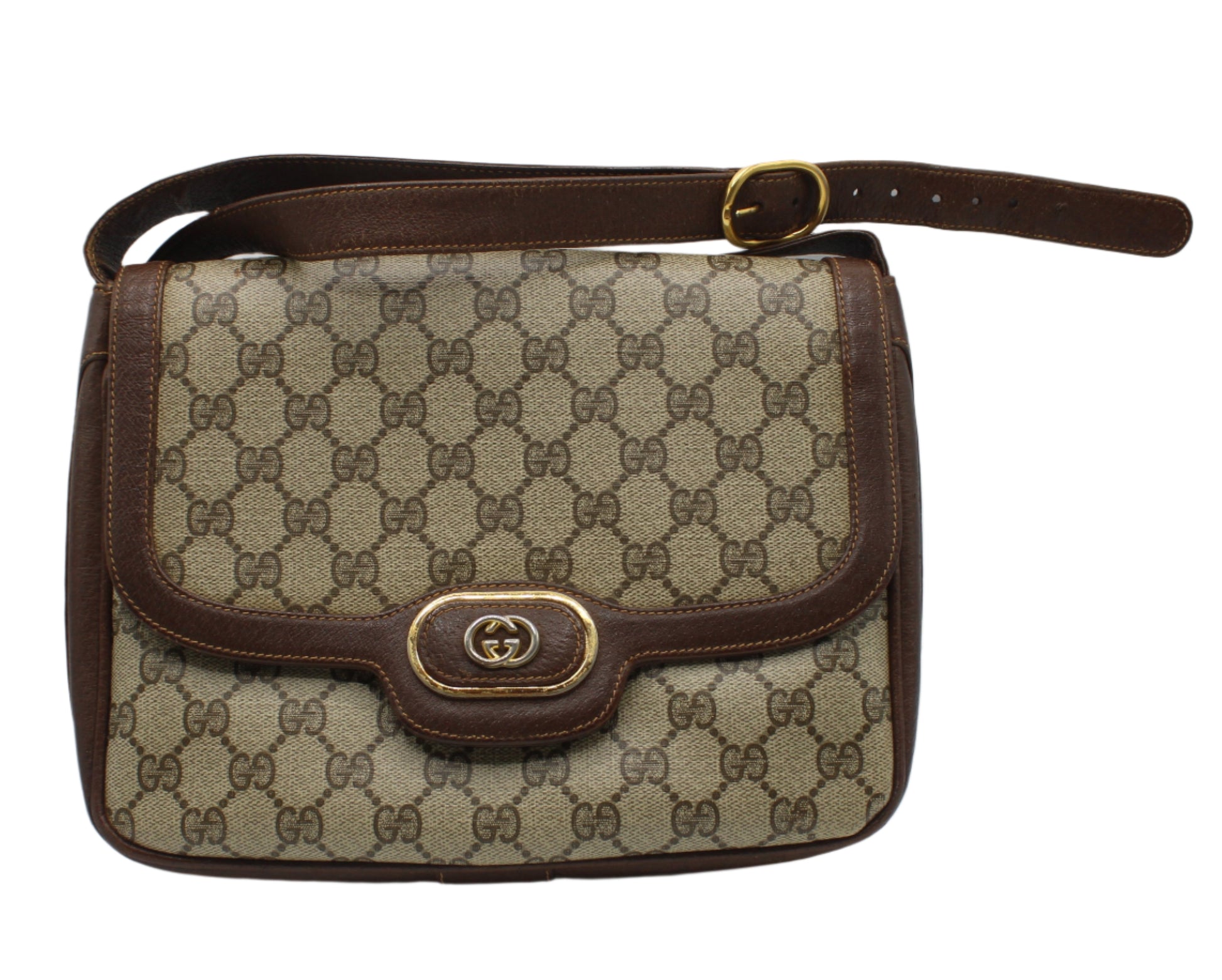 Gucci Brown Coated GG Canvas And Leather Shoulder Bag vDesigner handbag with brown and beige pattern on a white background