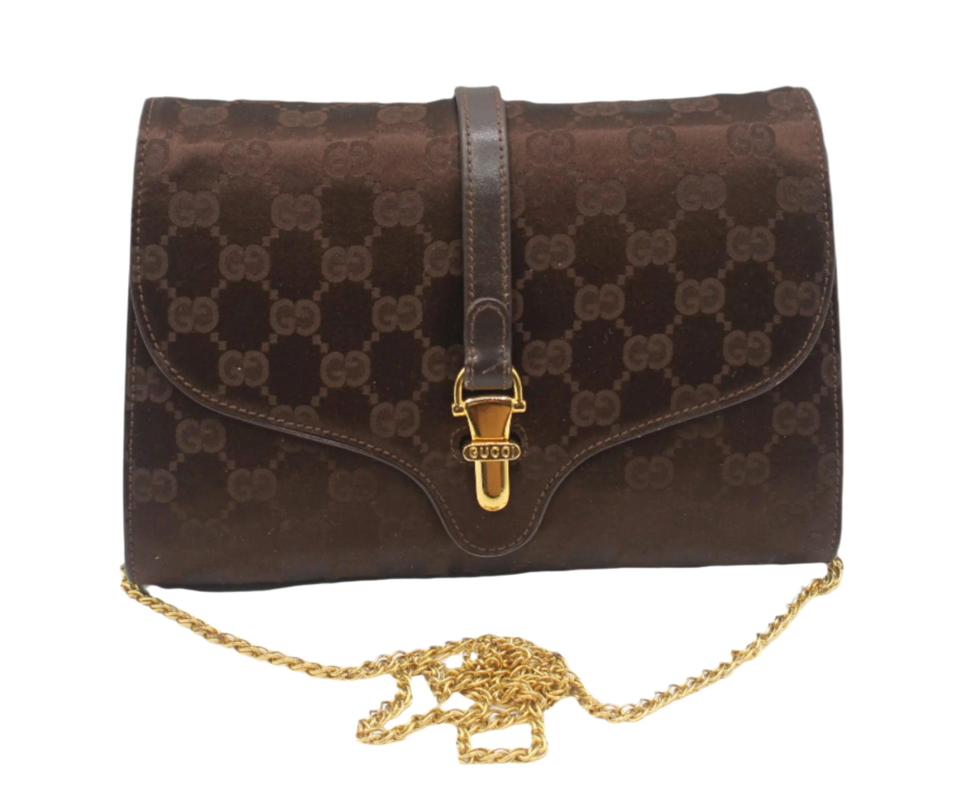 Gucci Brown GG Monogram Suede Leather Chain Flap Bag