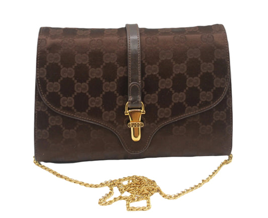 Gucci Brown GG Monogram Suede Leather Chain Flap Bag