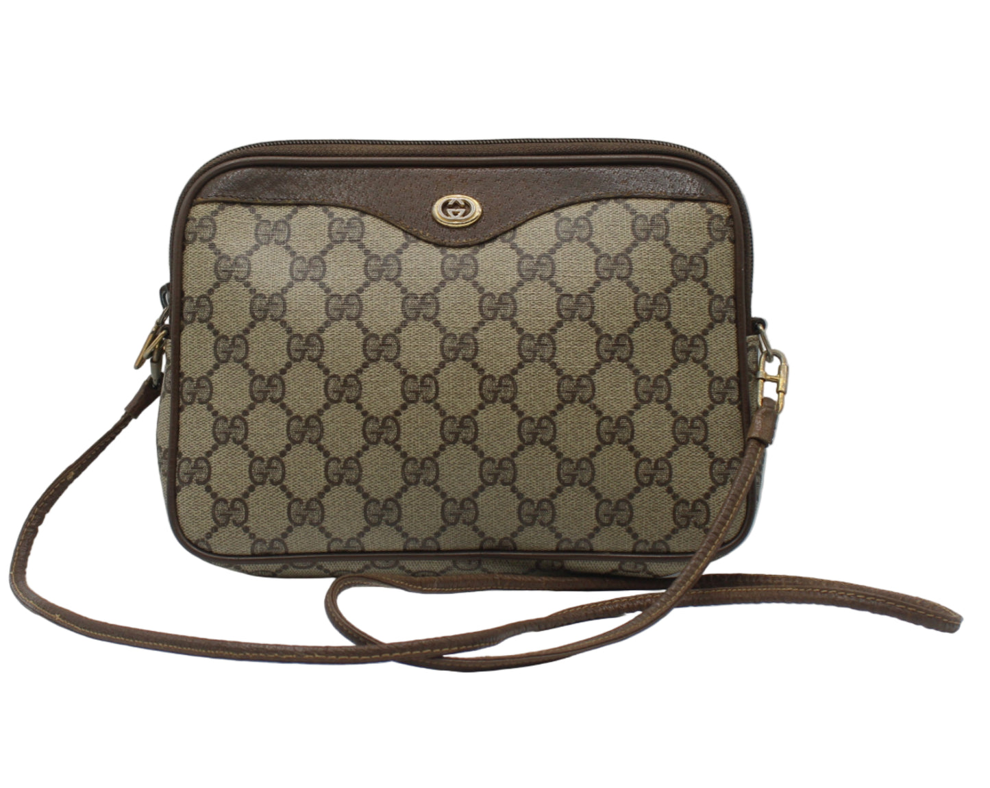 Gucci Brown GG Supreme Canvas Leather Trim Crossbody Bag Brown patterned handbag with a matching strap on a light gray background