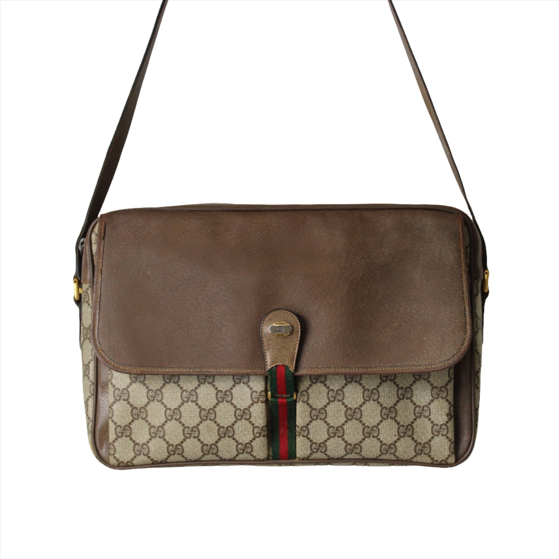 Gucci Brown GG Supreme Leather Flap Over Large Crossbody Bag