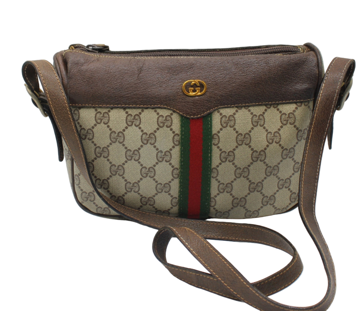 Gucci Brown Leather Trim GG Supreme Canvas Crossbody Bag