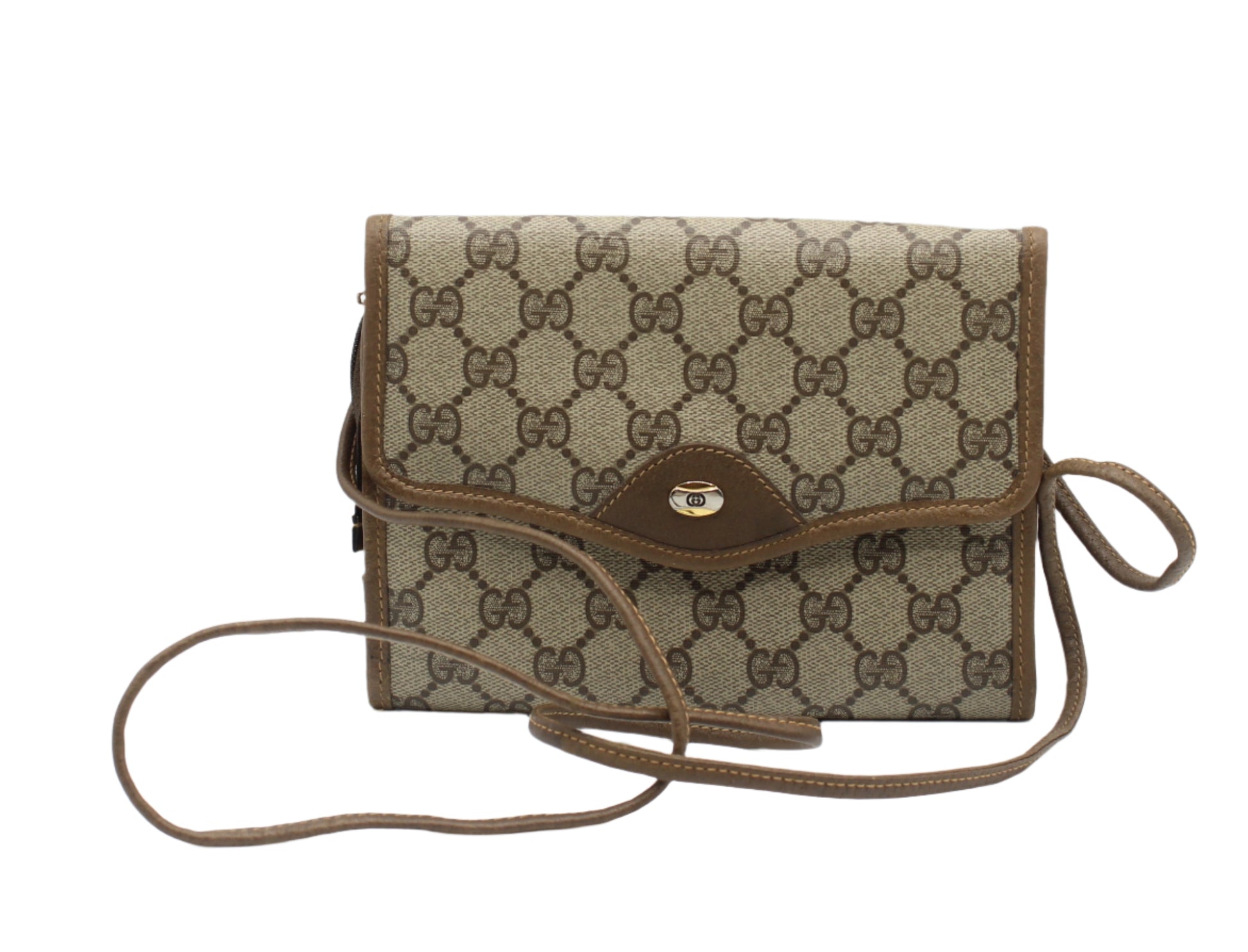 Gucci Brown Monogram Coated Canvas Leather Crossbody Bag Brown patterned handbag with a strap on a white background