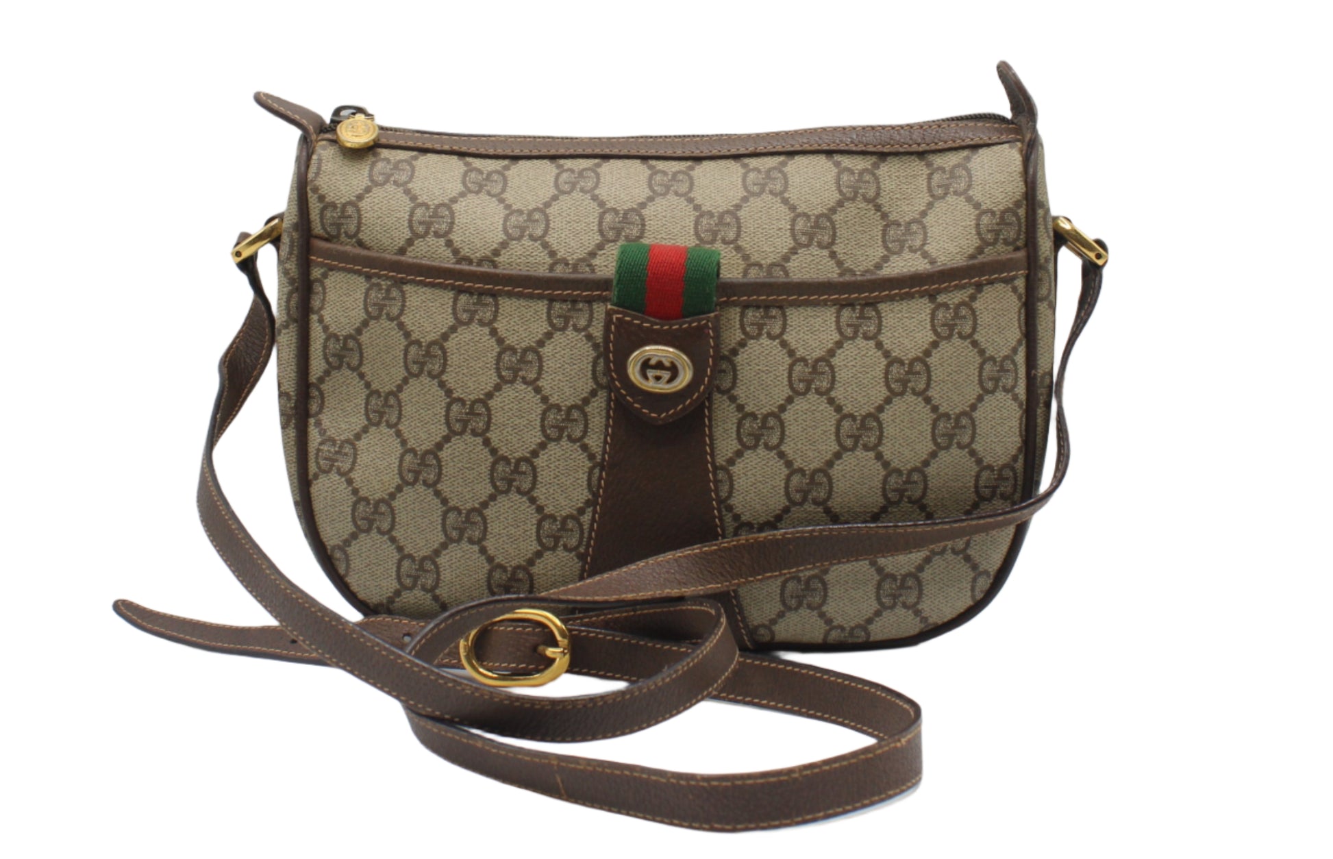 Gucci Brown Ophidia GG Supreme Canvas Leather Crossbody Bag Designer handbag with brand logo on a white background