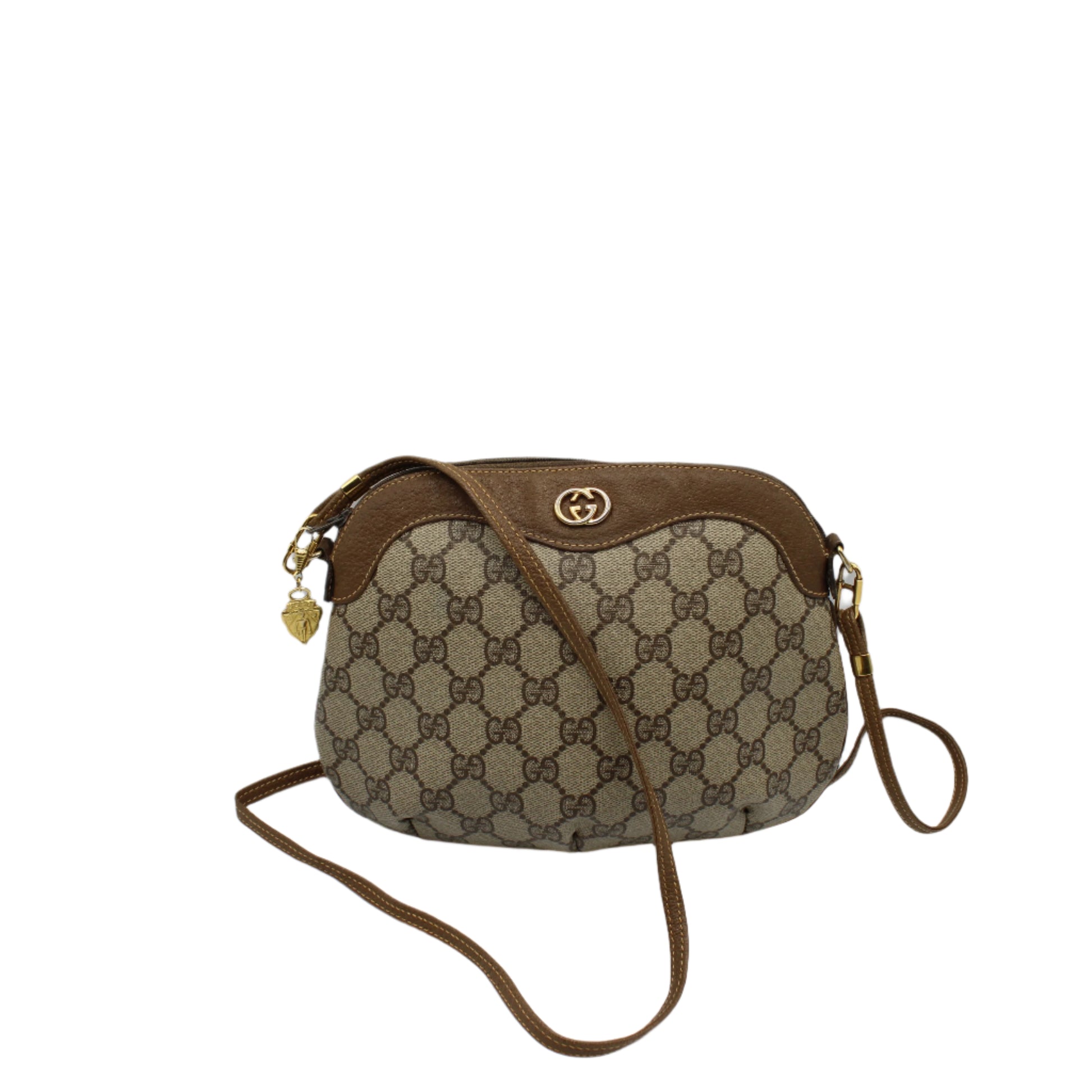 Gucci GG Canvas Brown Leather Marmot Crossbody Bag  Zip-Top Shoulder Bag