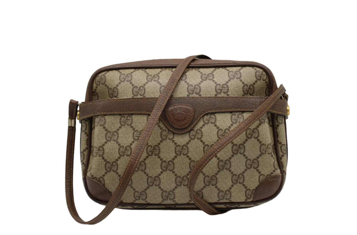 Gucci GG Canvas Brown Leather Trim Crossbody Bag