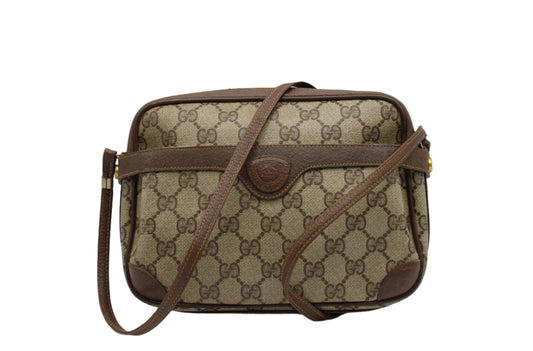 Gucci GG Canvas Brown Leather Trim Crossbody Bag