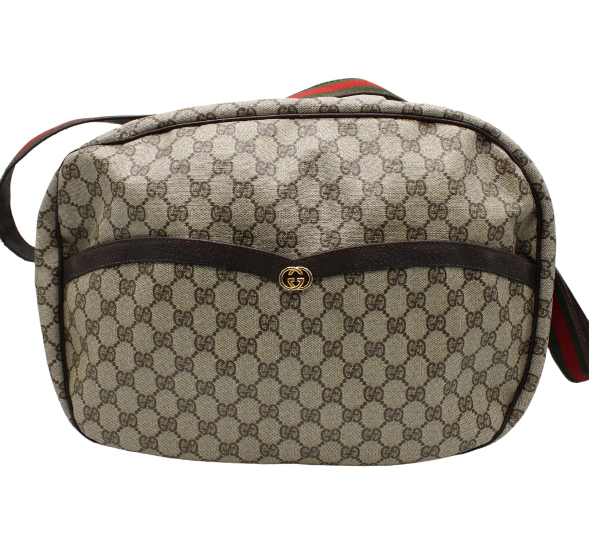 Gucci GG Canvas and Brown Leather Trim Travel Duffel Bag