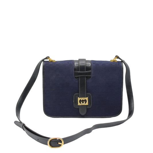 Gucci Navy GG Buckle Cloth Leather Crossbody Bag