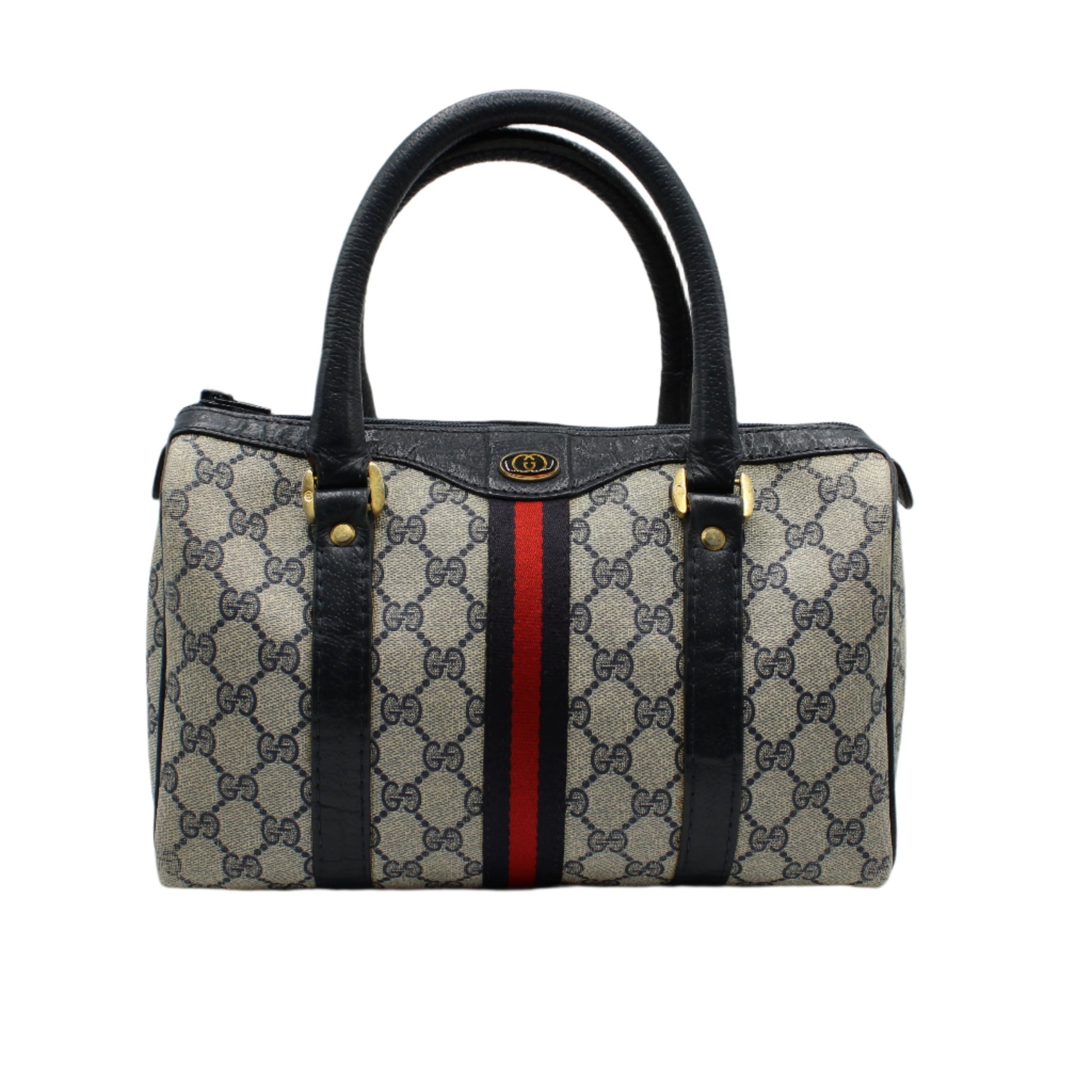 Gucci Ophidia Supreme Canvas Boston Bag Navy Leather Handles