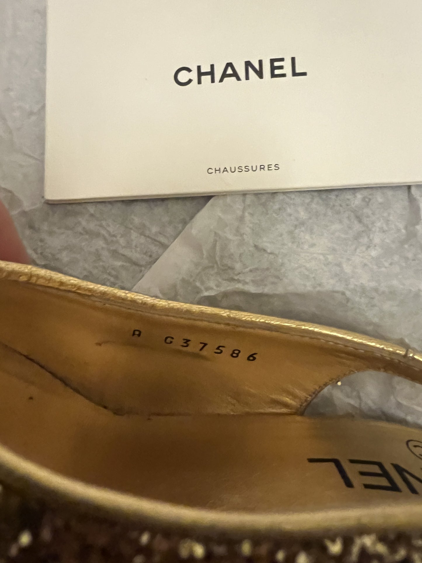 Chanel CoCo Gold Glitter Slingback Pumps Black Toe Caps