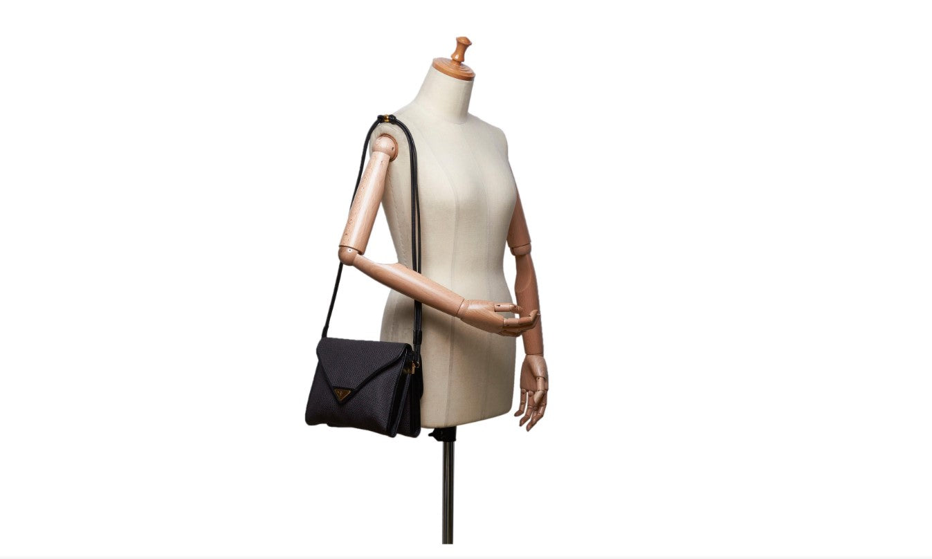 Yves Saint Laurent Crossbody Bag Double Flap Design Black Fabric Canvas Leather Vintage