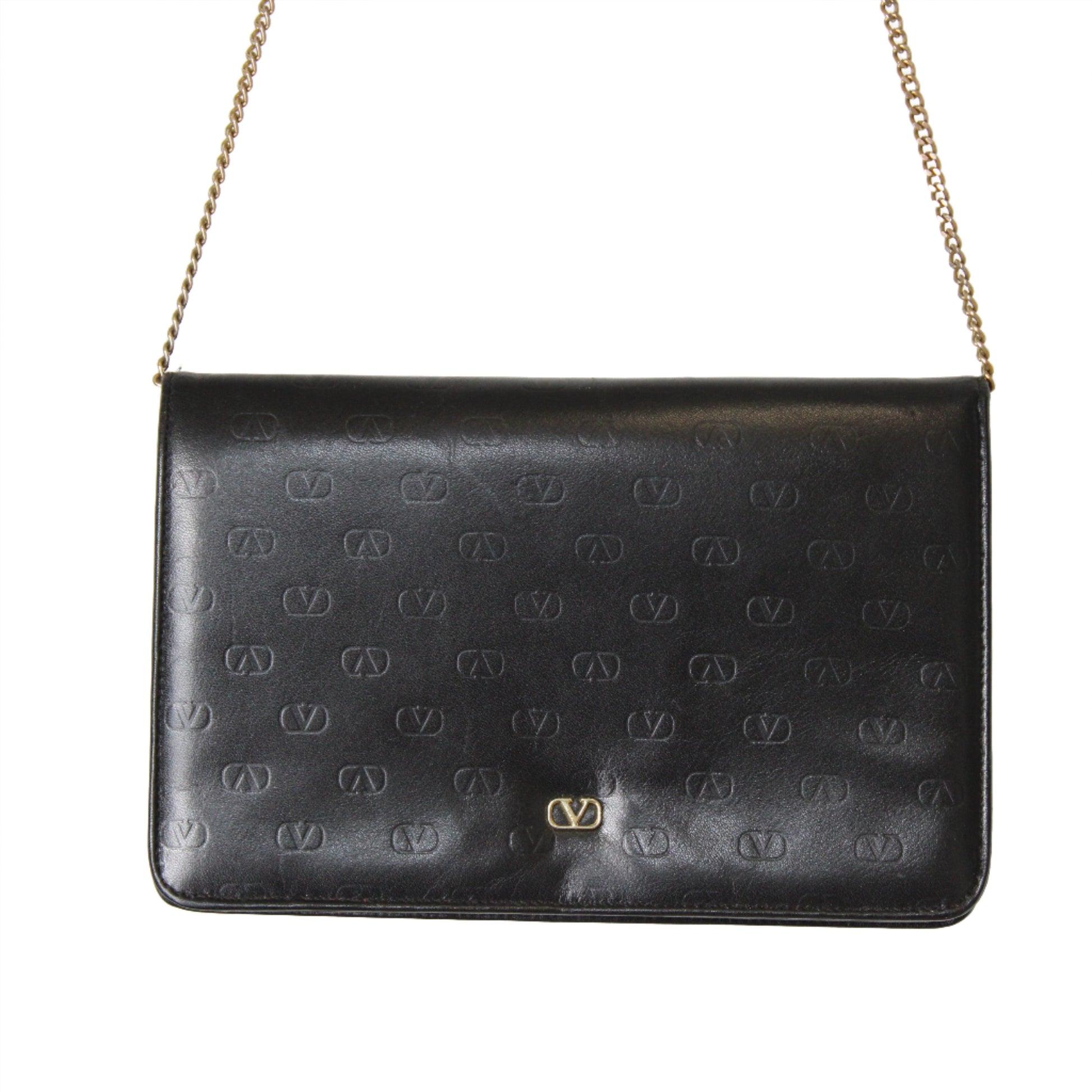 Valentino Garavani Black Lambskin Embossed Flap on Chain Crossbody Bag