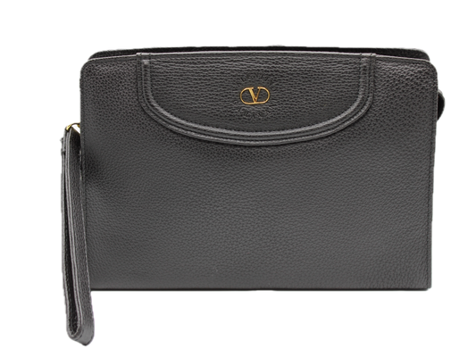 Valentino Garavani Black Leather Zippered Clutch Gold-Tone Logo Wristlet Strap front view