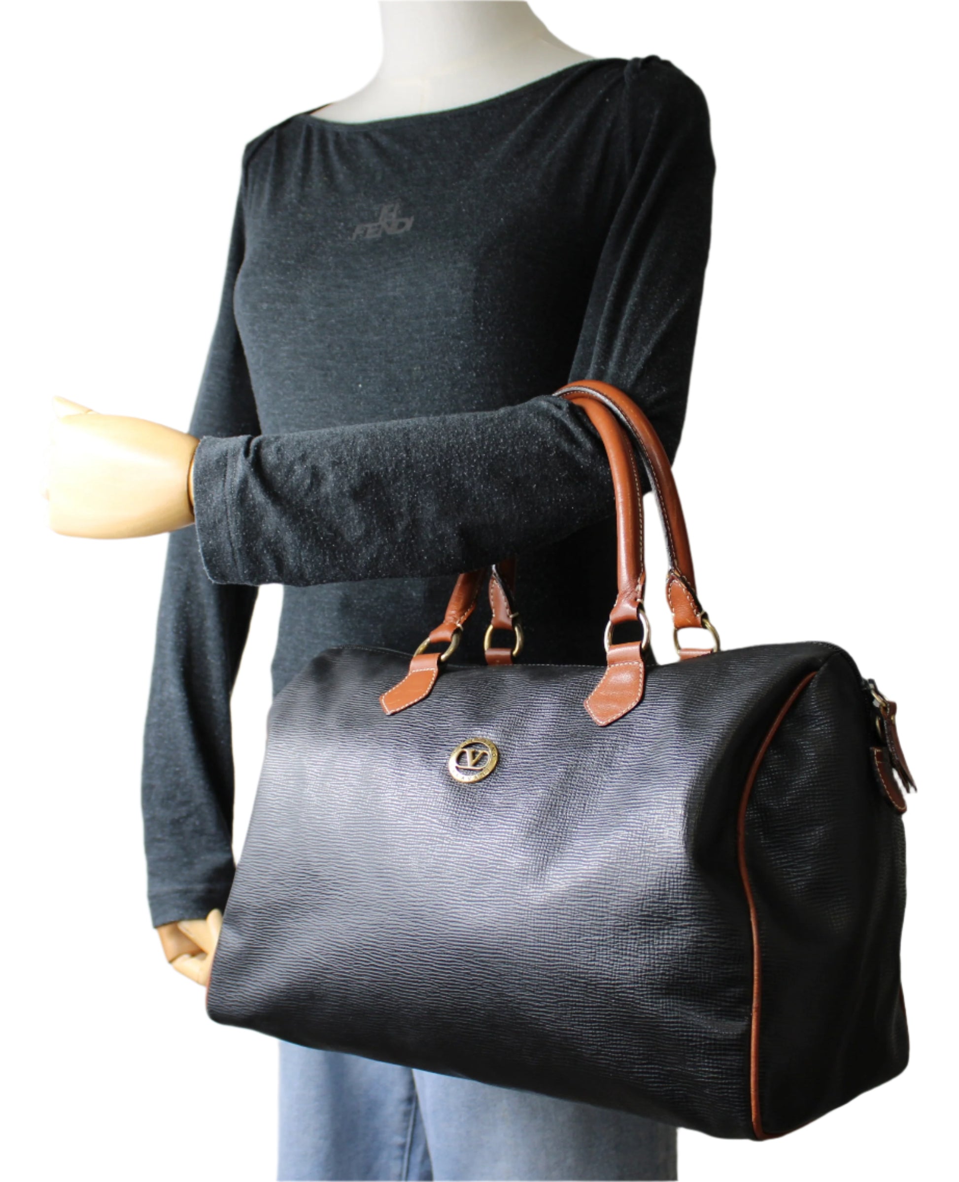 Valentino Garavani Black and Brown Leather Boston Bag  on mannequin