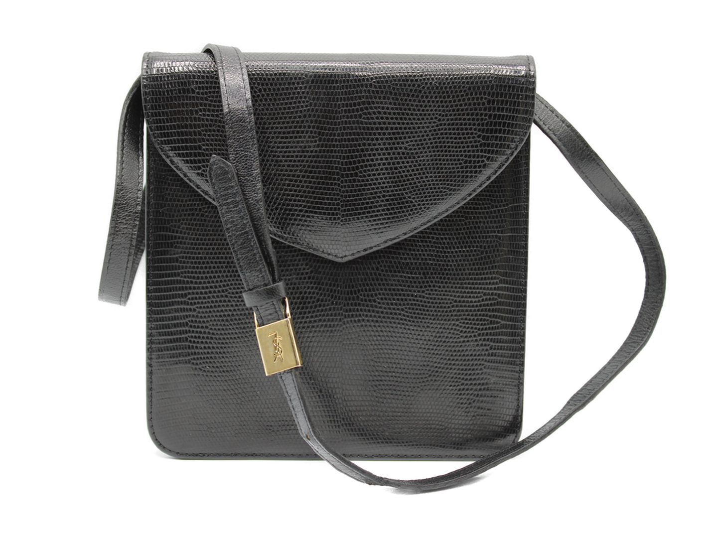 Yves Saint Laurent Lizard Leather Crossbody Chic Black Bag front view