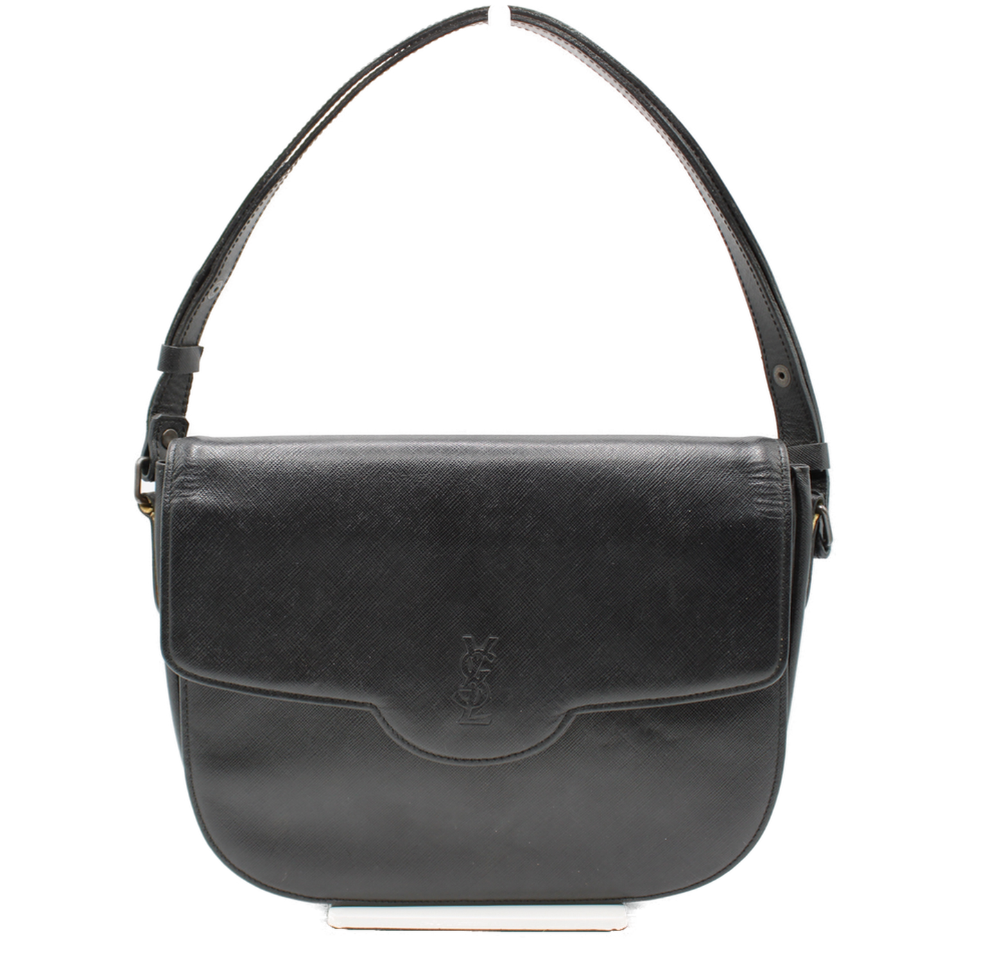 Yves Saint Laurent Black Leather YSL Logo Shoulder Bag Vintage front