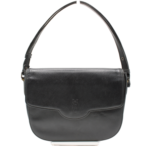 Yves Saint Laurent Black Leather YSL Logo Shoulder Bag Vintage front
