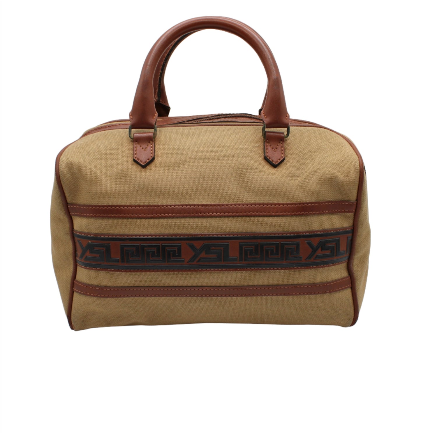 Yves Saint Laurent Tan YSL Canvas Leather Trim Boston Bag