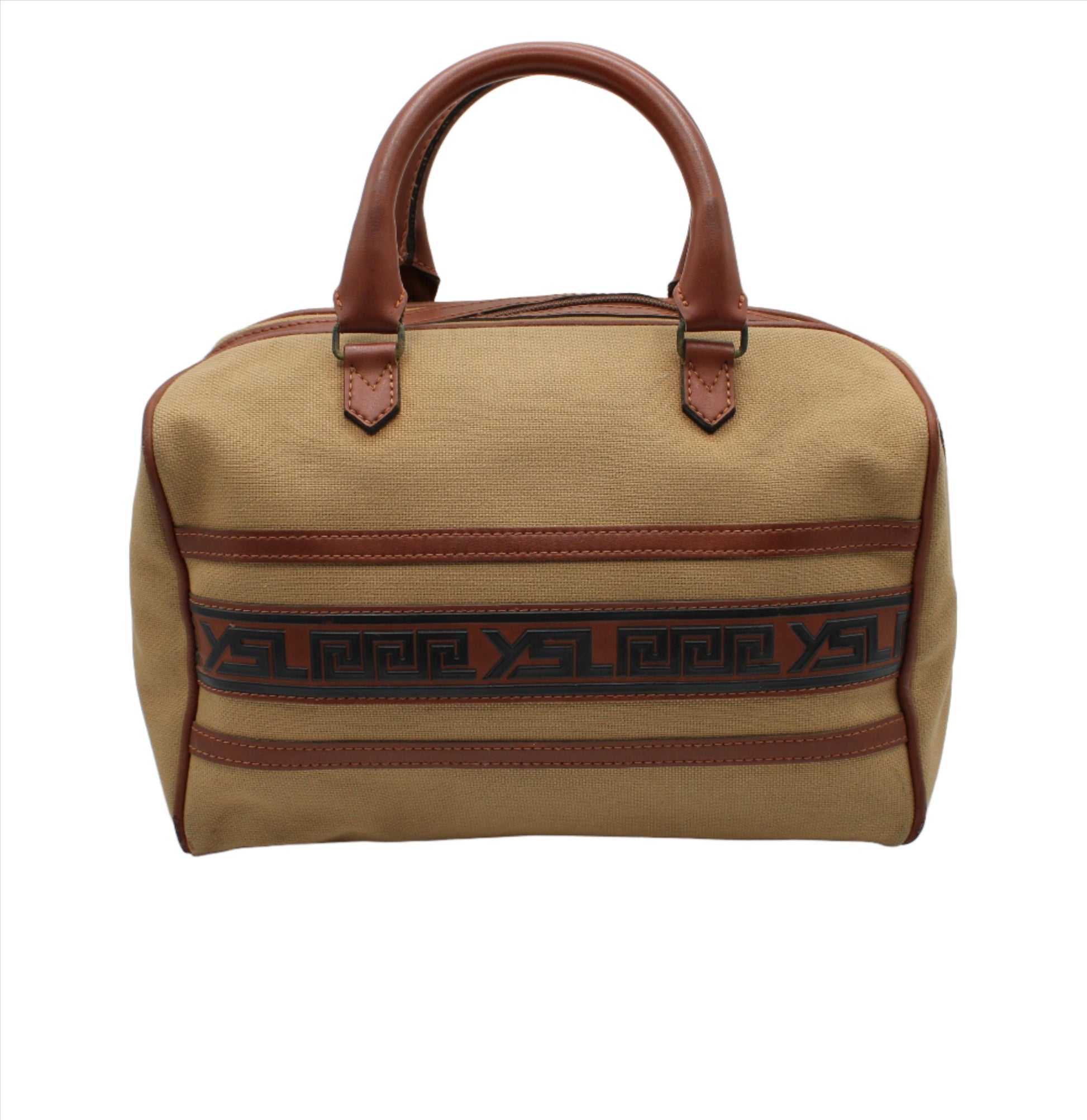 Yves Saint Laurent Tan YSL Canvas Leather Trim Boston Bag