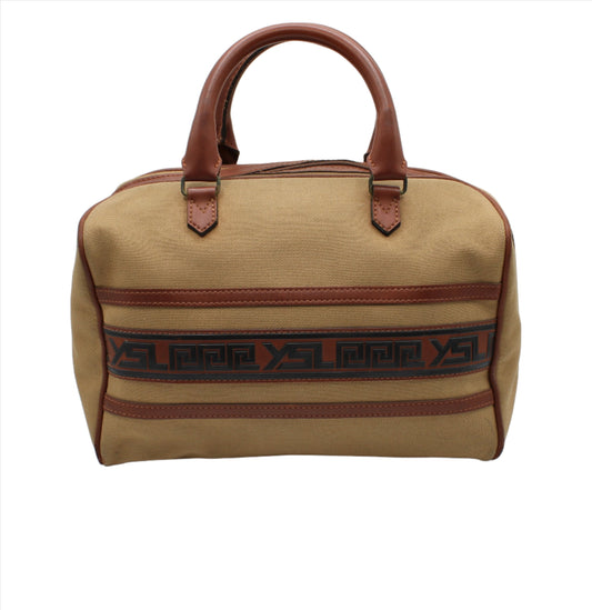 Yves Saint Laurent Tan YSL Canvas Leather Trim Boston Bag