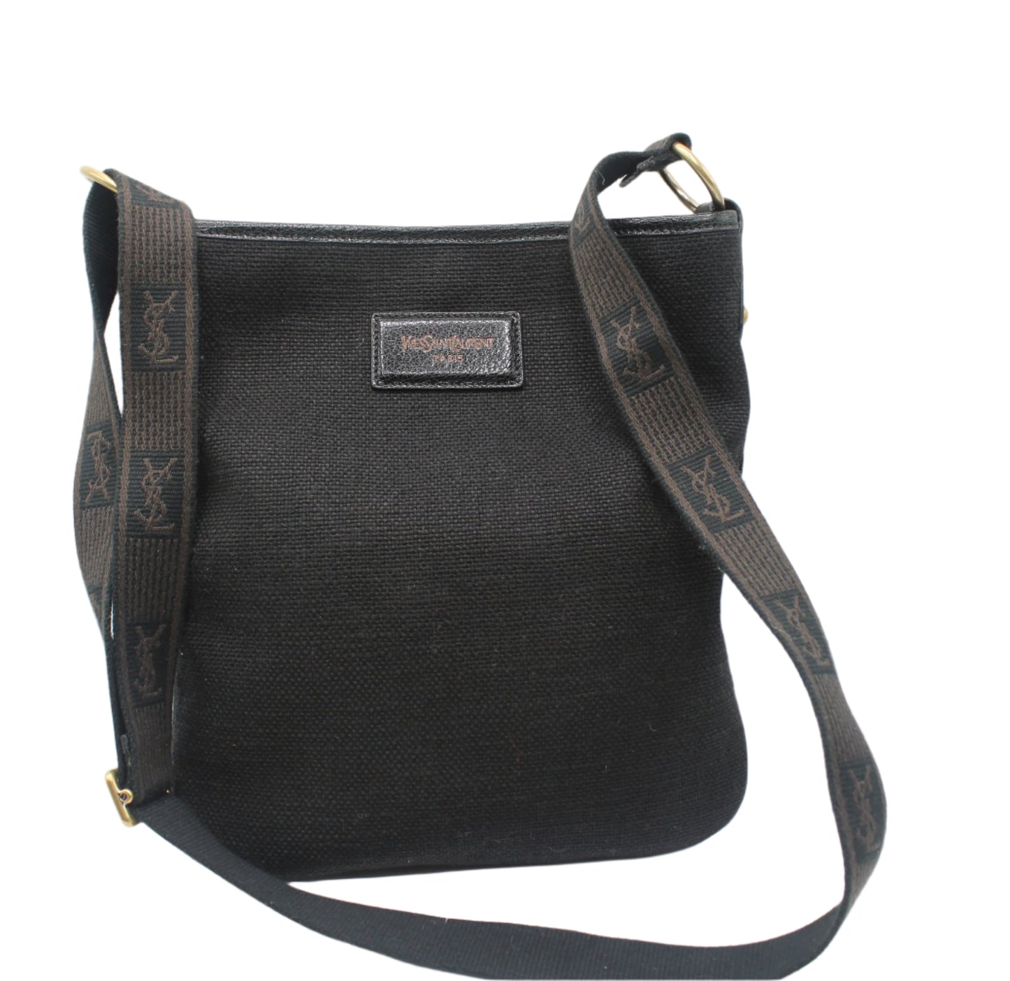 Yves Saint Laurent Black Canvas Logo Strap Crossbody Bag Black shoulder bag with a visible brand logo on a white background