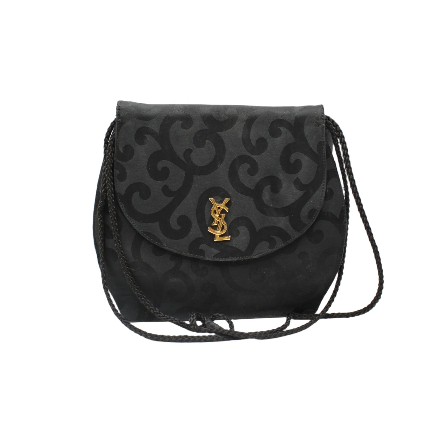 Yves Saint Laurent Black Satin Scroll Pattern Crossbody Shoulder Bag