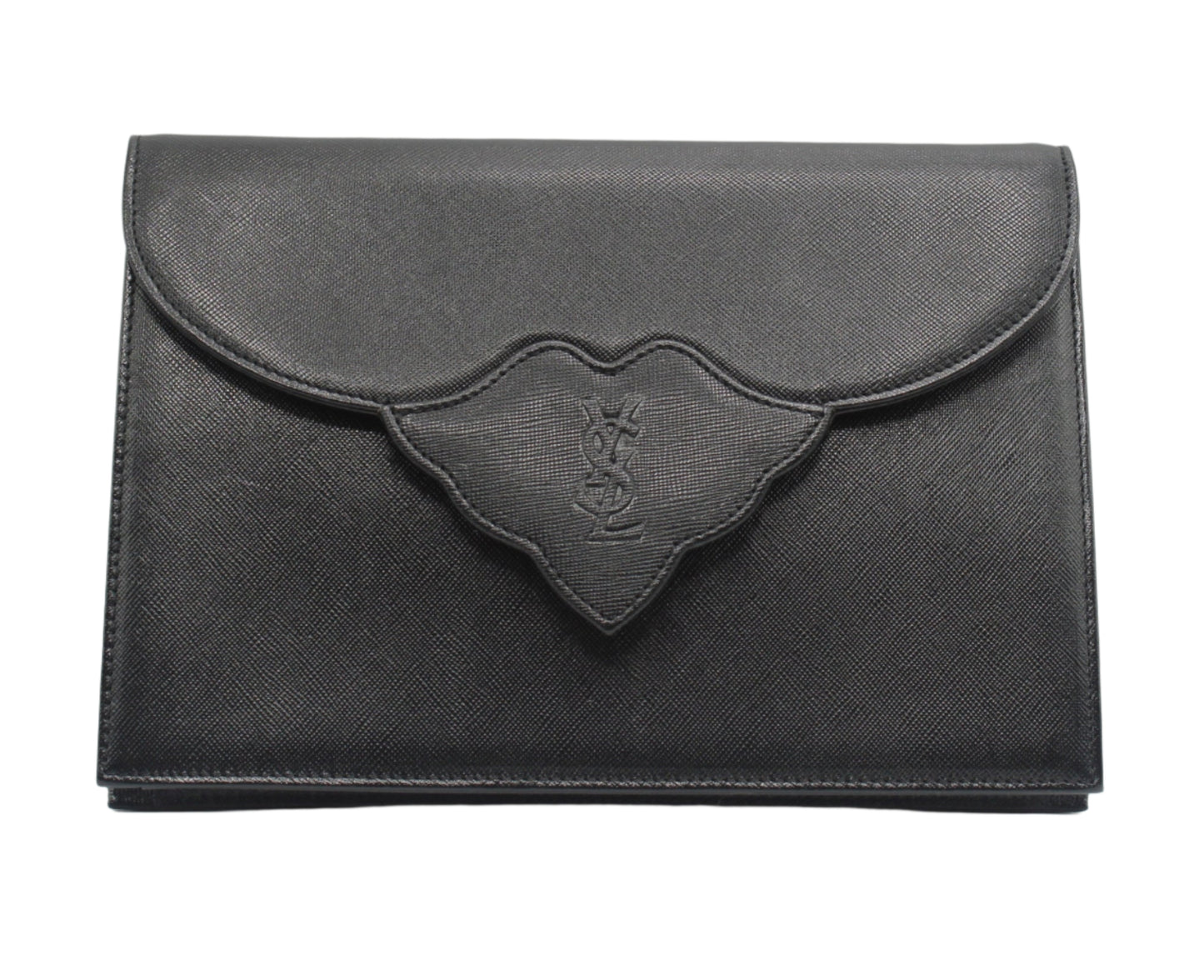 Yves Saint Laurent Black Textured Leather Flap Clutch Bag Black leather clutch bag with a brand logo on a white background