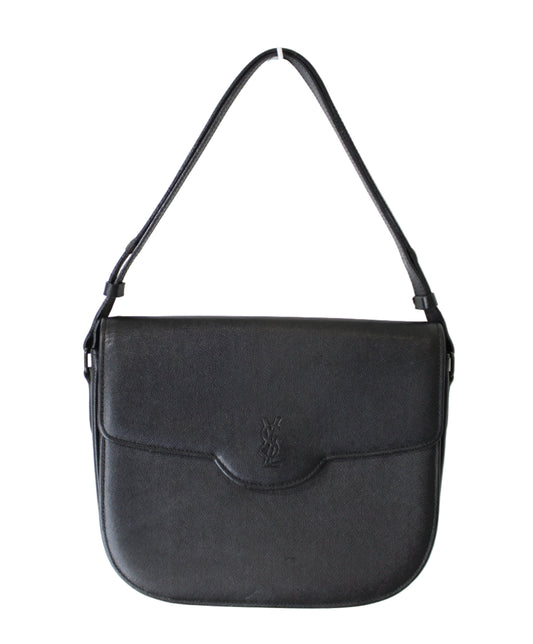 Yves Saint Laurent Black Textured Leather Flap Shoulder Bag Black handbag with a brand logo on a white background