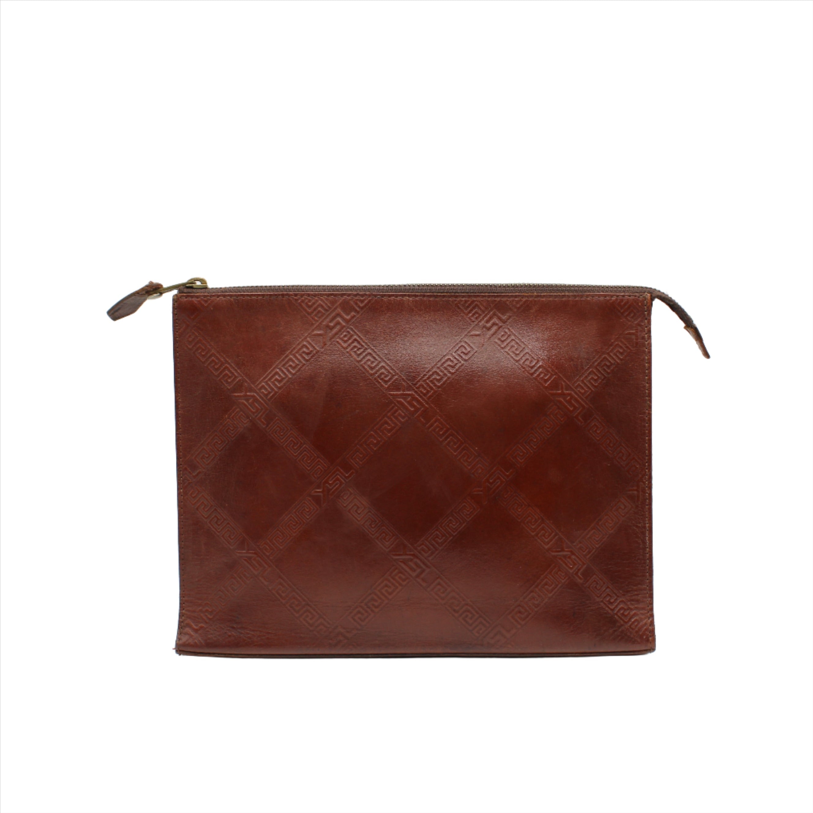 Yves Saint Laurent Brown Leather YSL Logo Embossed Clutch Bag
